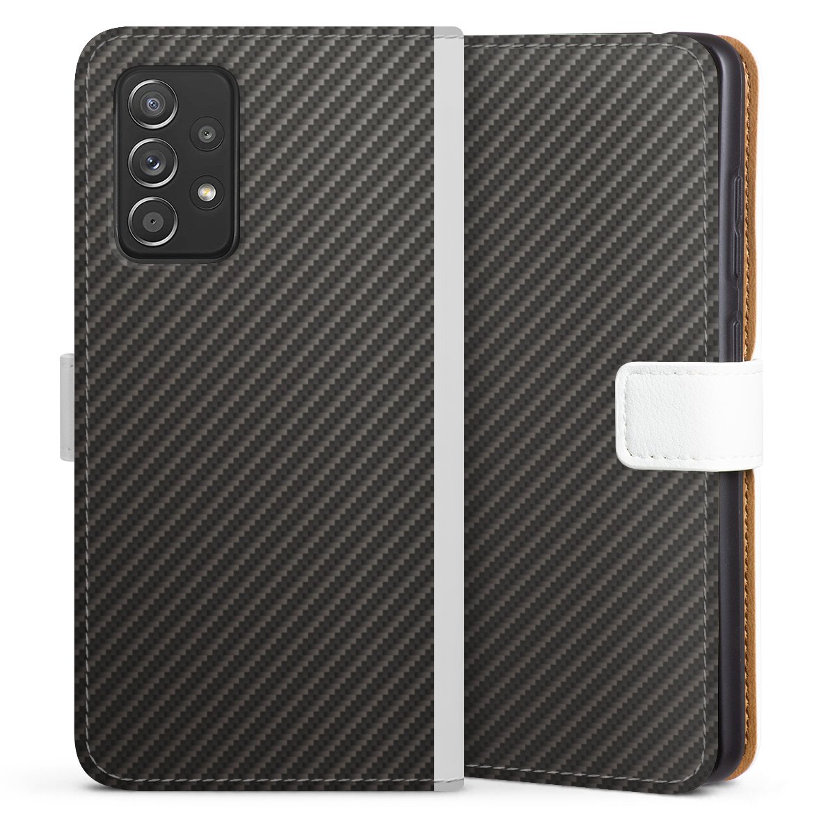 Galaxy A52s 5G Handy Klapphülle Handyhülle aus Kunst Leder weiß Flip Case Metallic Look Carbon Muster Sideflip mit Lasche