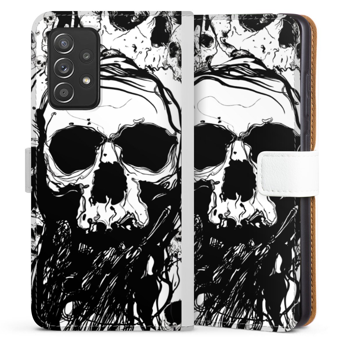 Galaxy A52s 5G Handy Klapphülle Handyhülle aus Kunst Leder weiß Flip Case Totenkopf Halloween Sideflip mit Lasche