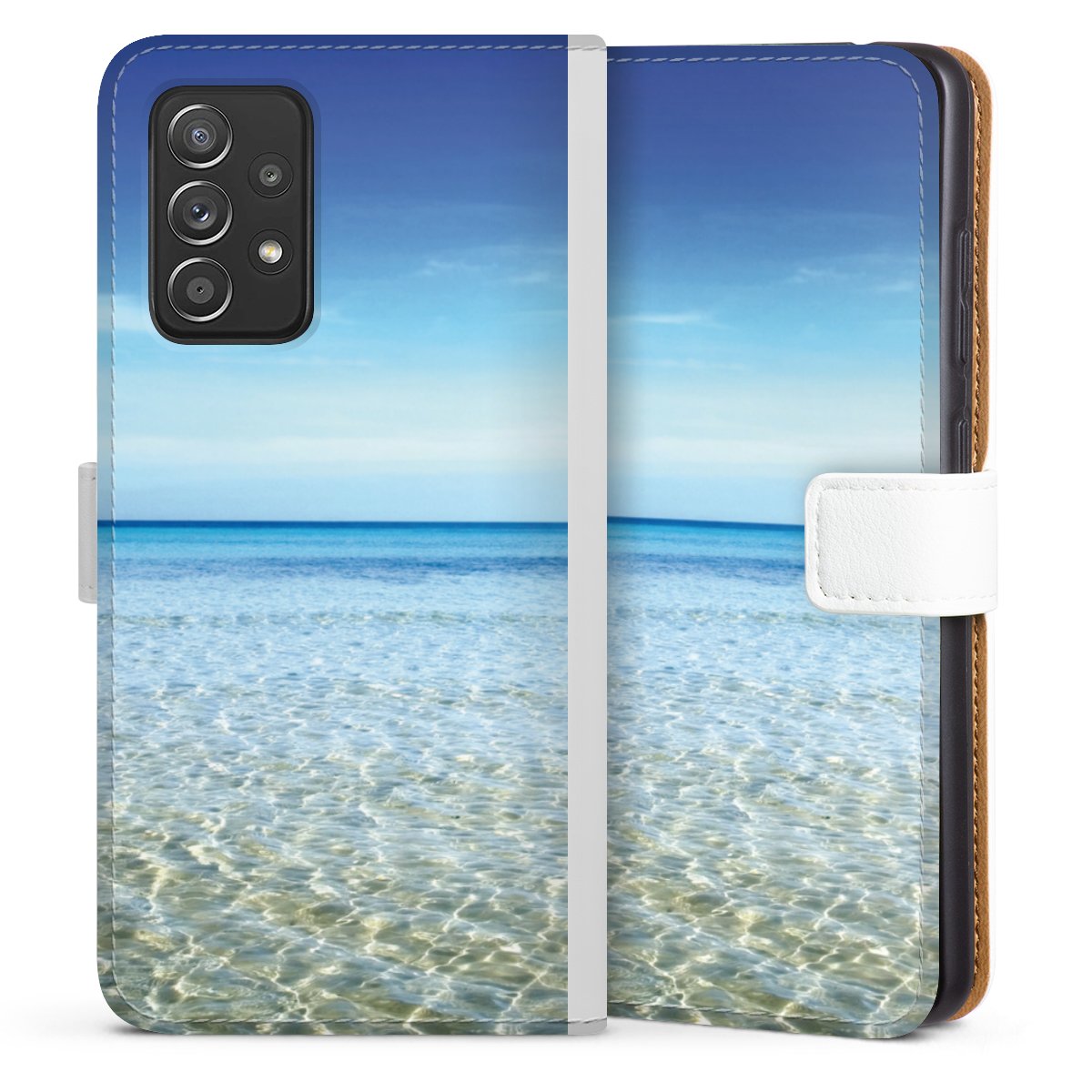 Galaxy A52s 5G Handy Klapphülle Handyhülle aus Kunst Leder weiß Flip Case Urlaub Sky Ocean Sideflip mit Lasche