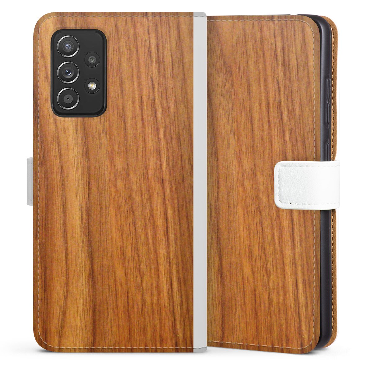 Galaxy A52s 5G Handy Klapphülle Handyhülle aus Kunst Leder weiß Flip Case Wood Larch Wooden Look Sideflip mit Lasche