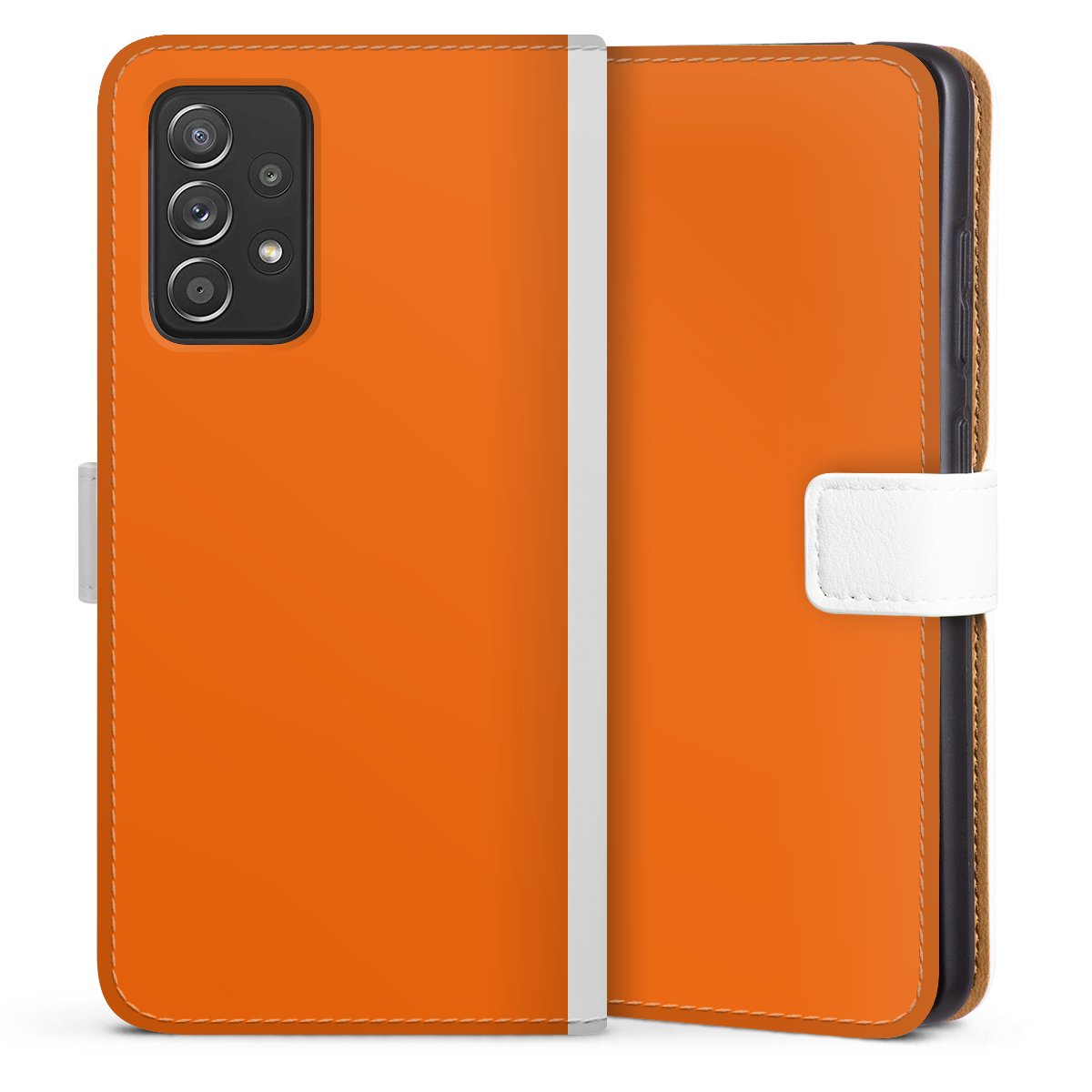 Galaxy A52 5G Handy Klapphülle Handyhülle aus Kunst Leder weiß Flip Case Orange Colour Unicoloured Sideflip mit Lasche