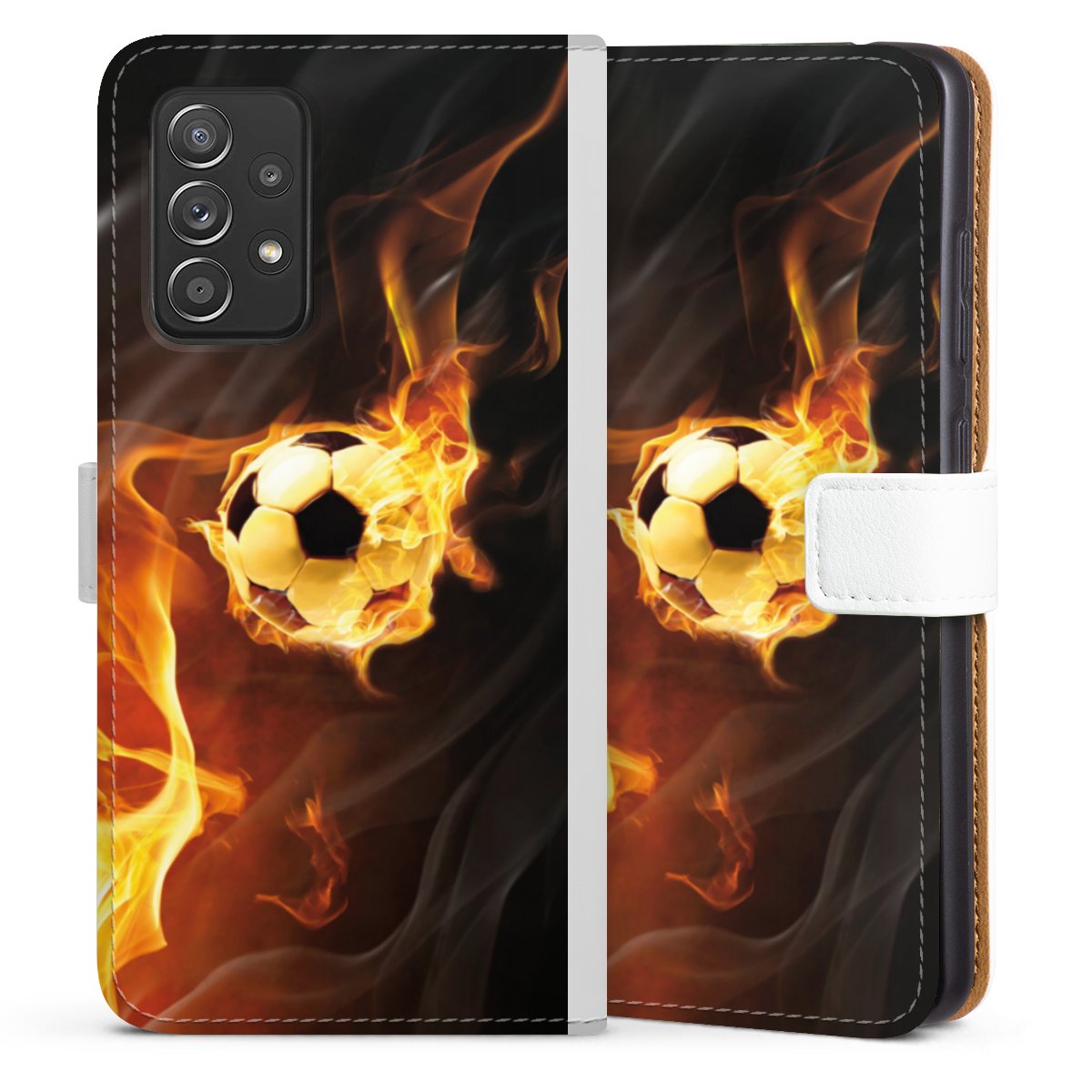 Galaxy A52 5G Handy Klapphülle Handyhülle aus Kunst Leder weiß Flip Case Ball Fire Soccer Sideflip mit Lasche