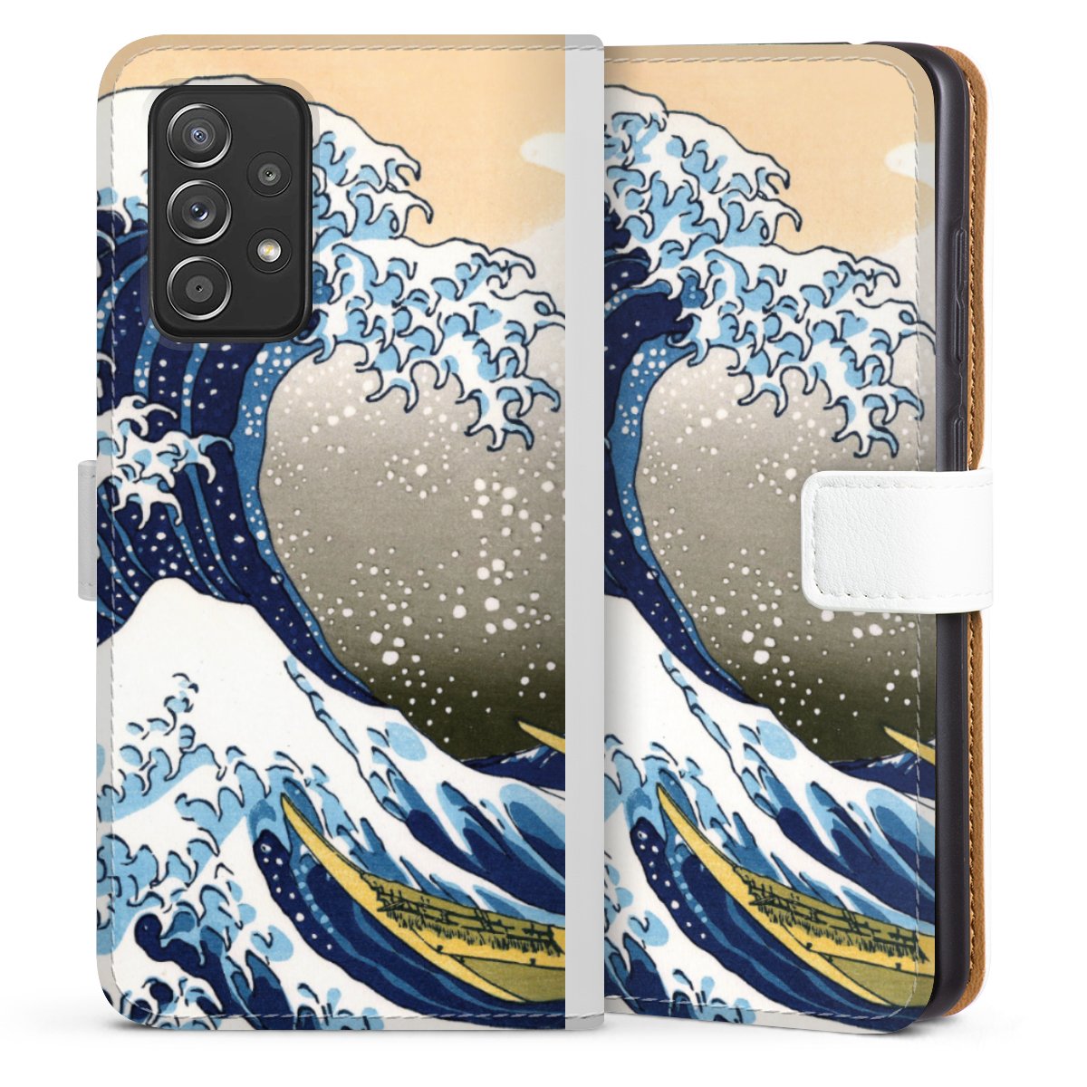 Galaxy A52s 5G Handy Klapphülle Handyhülle aus Kunst Leder weiß Flip Case Kunst Katsushika Hokusai Die Große Welle Vor Kanagawa Sideflip mit Lasche