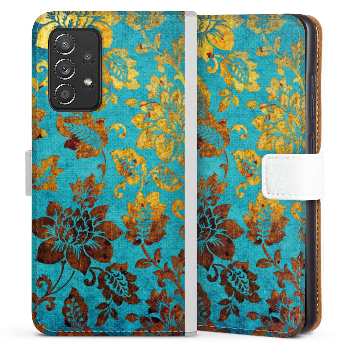 Galaxy A52 5G Handy Klapphülle Handyhülle aus Kunst Leder weiß Flip Case Ornament Vintage Flowers Sideflip mit Lasche