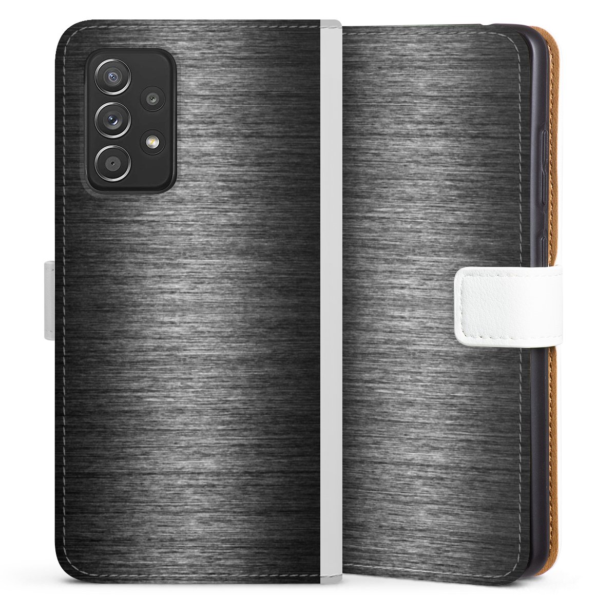 Galaxy A52 5G Handy Klapphülle Handyhülle aus Kunst Leder weiß Flip Case Metallic Look Anthracite Metal Sideflip mit Lasche