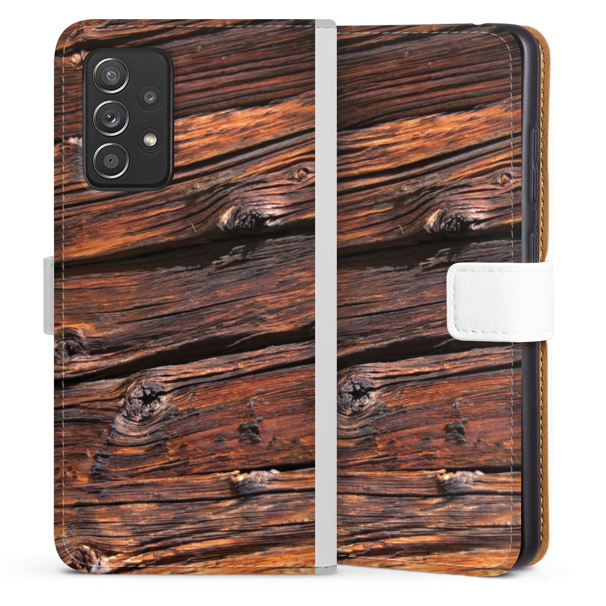 Galaxy A52 5G Handy Klapphülle Handyhülle aus Kunst Leder weiß Flip Case Beams Wooden Look Wood Sideflip mit Lasche