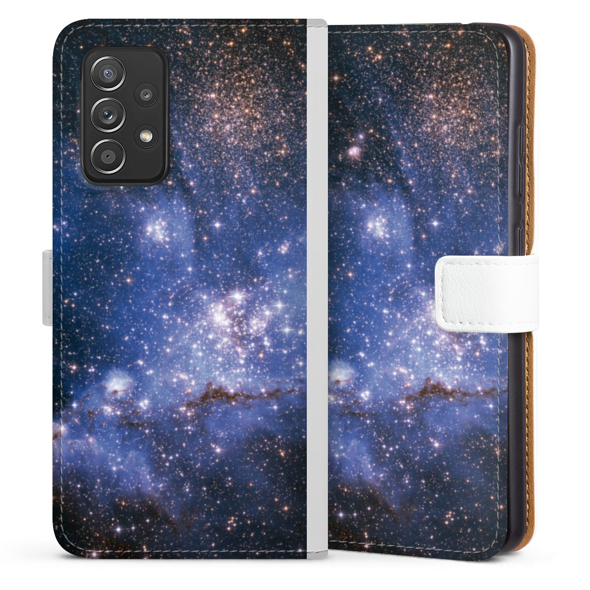 Galaxy A52s 5G Handy Klapphülle Handyhülle aus Kunst Leder weiß Flip Case Weltall Galaxy Weltraum Sideflip mit Lasche