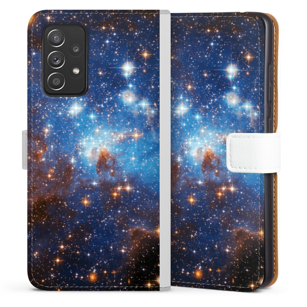 Galaxy A52 5G Handy Klapphülle Handyhülle aus Kunst Leder weiß Flip Case Star Weltall Galaxy Sideflip mit Lasche