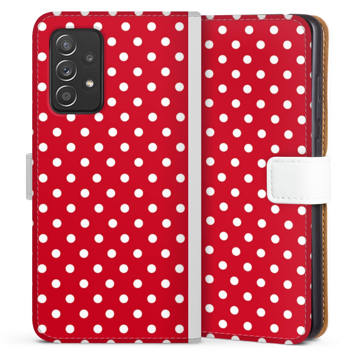 Galaxy A52 5G Handy Klapphülle Handyhülle aus Kunst Leder weiß Flip Case Points Polka Dots Retro Sideflip mit Lasche