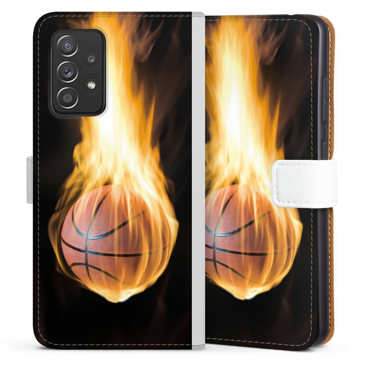 Galaxy A52 5G Handy Klapphülle Handyhülle aus Kunst Leder weiß Flip Case Basketball Sports Fire Sideflip mit Lasche