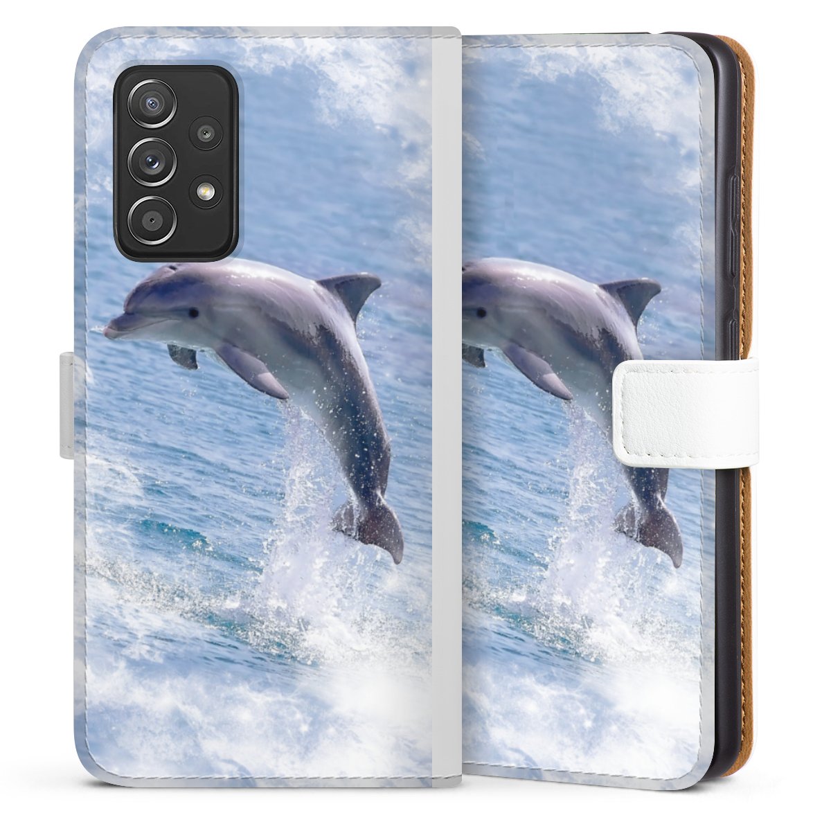 Galaxy A52 5G Handy Klapphülle Handyhülle aus Kunst Leder weiß Flip Case Dolphin Ocean Wale Sideflip mit Lasche