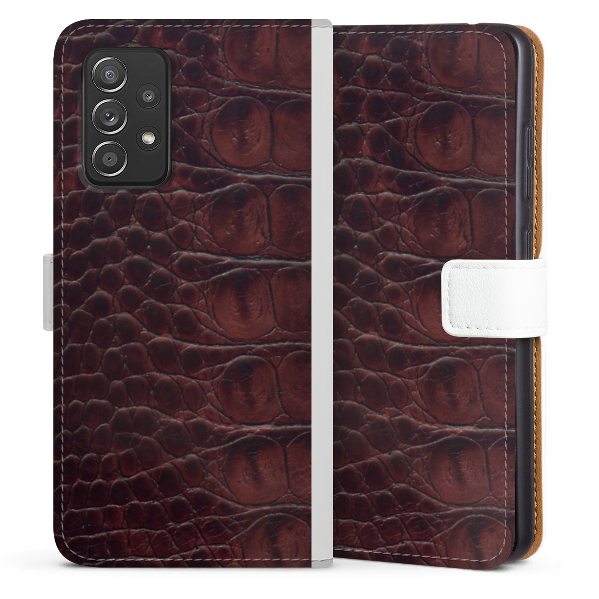 Galaxy A52 5G Handy Klapphülle Handyhülle aus Kunst Leder weiß Flip Case Crocodile Animal Print Leather Sideflip mit Lasche