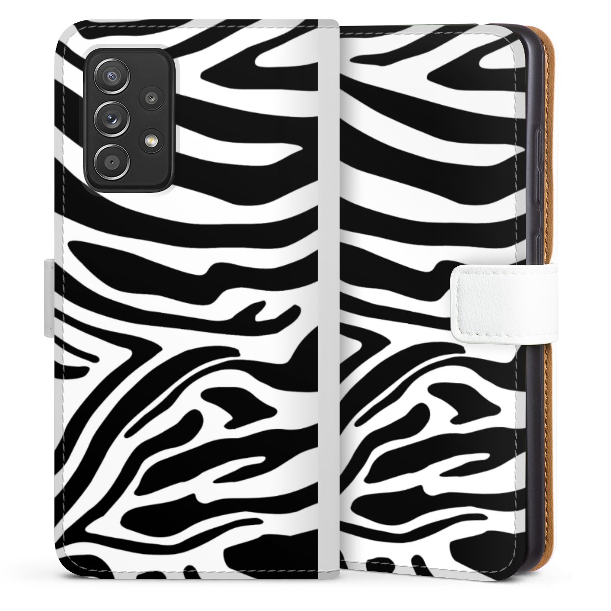 Galaxy A52 5G Handy Klapphülle Handyhülle aus Kunst Leder weiß Flip Case Zebra Animal Look Animal Print Sideflip mit Lasche