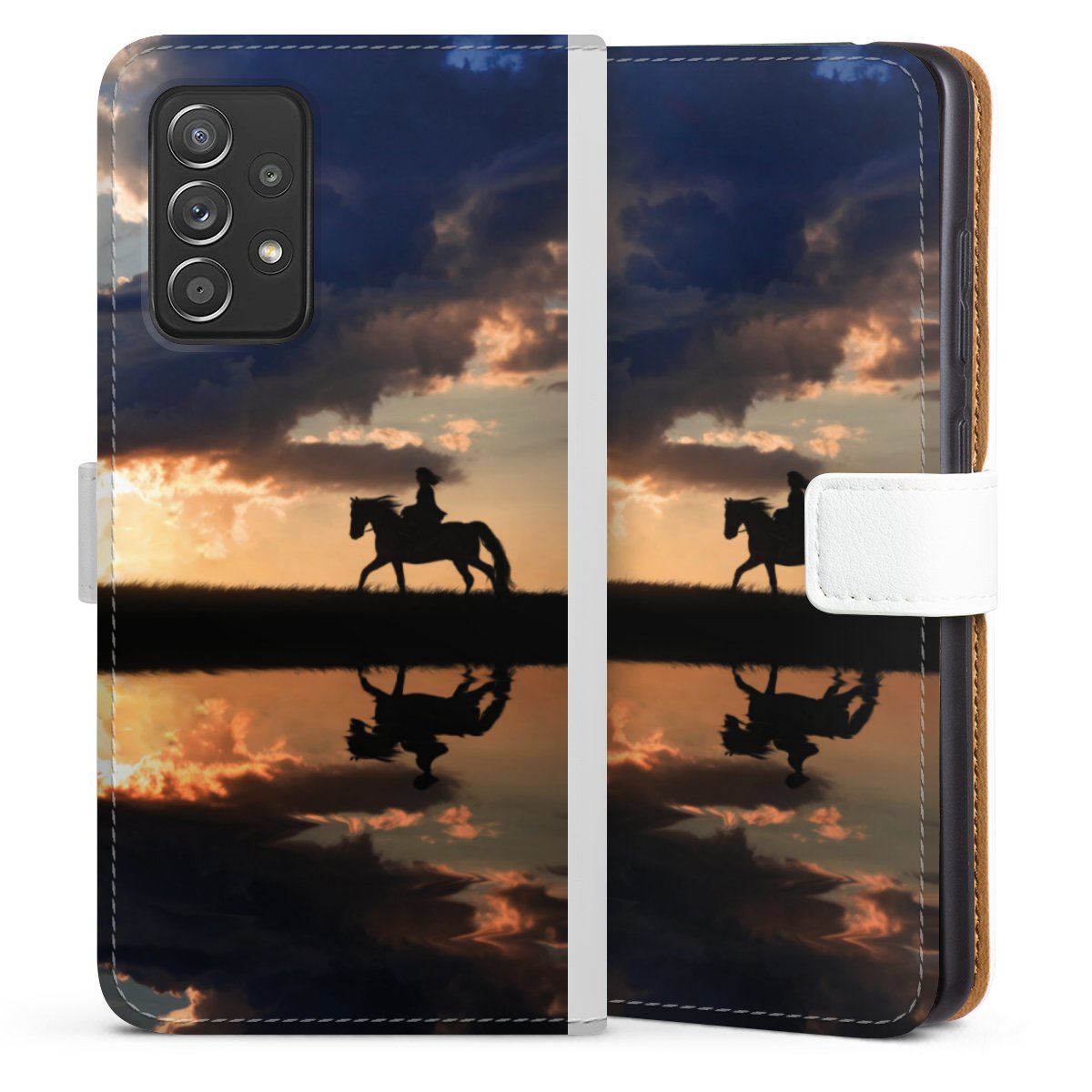 Galaxy A52 5G Handy Klapphülle Handyhülle aus Kunst Leder weiß Flip Case Horse Sunset Horseback Riding Sideflip mit Lasche