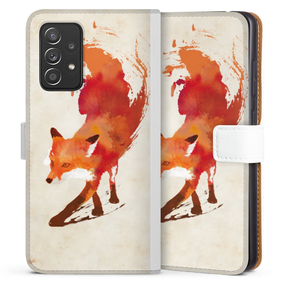 Galaxy A52 5G Handy Klapphülle Handyhülle aus Kunst Leder weiß Flip Case Fox Graphic Sideflip mit Lasche