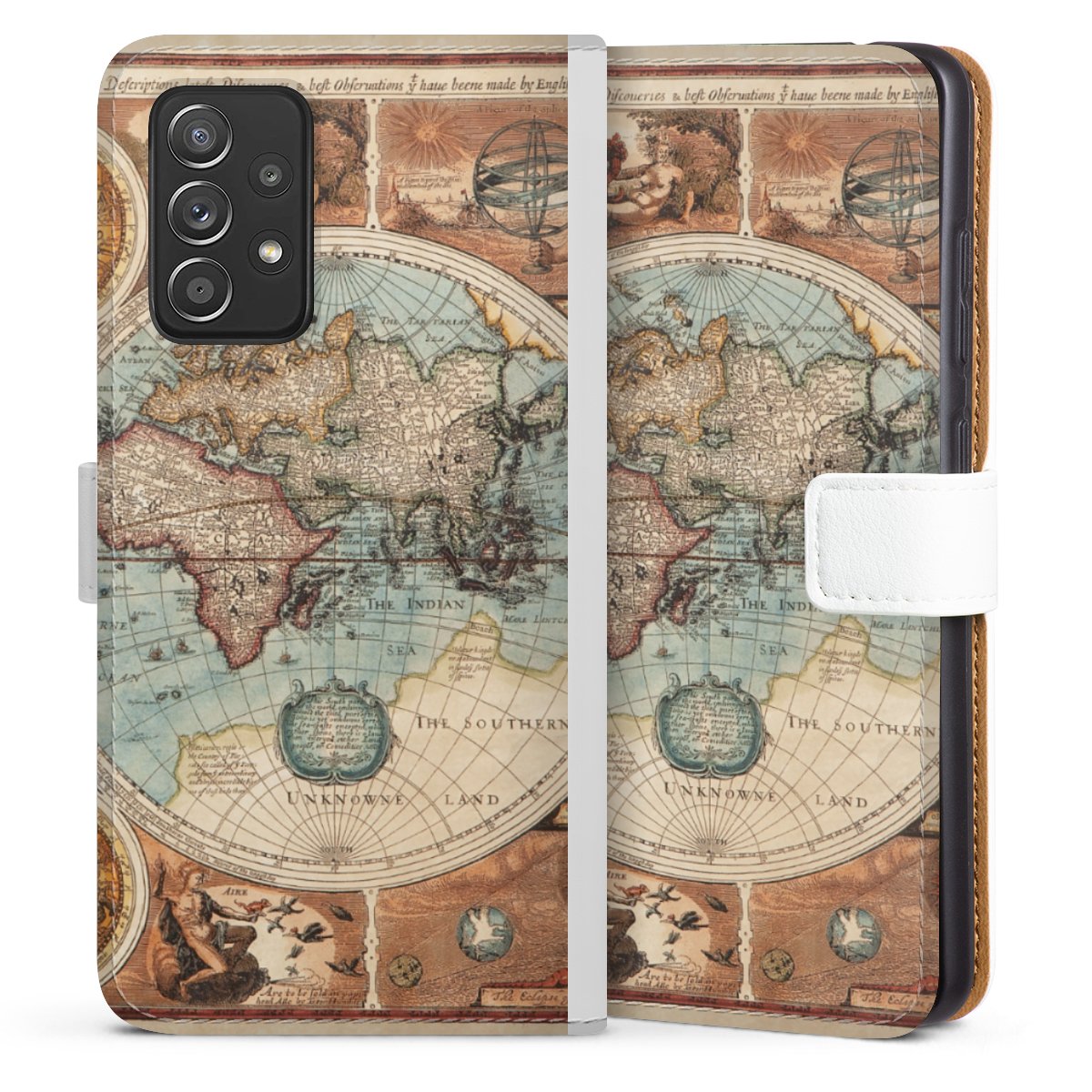 Galaxy A52 5G Handy Klapphülle Handyhülle aus Kunst Leder weiß Flip Case World Map Vintage Map Sideflip mit Lasche