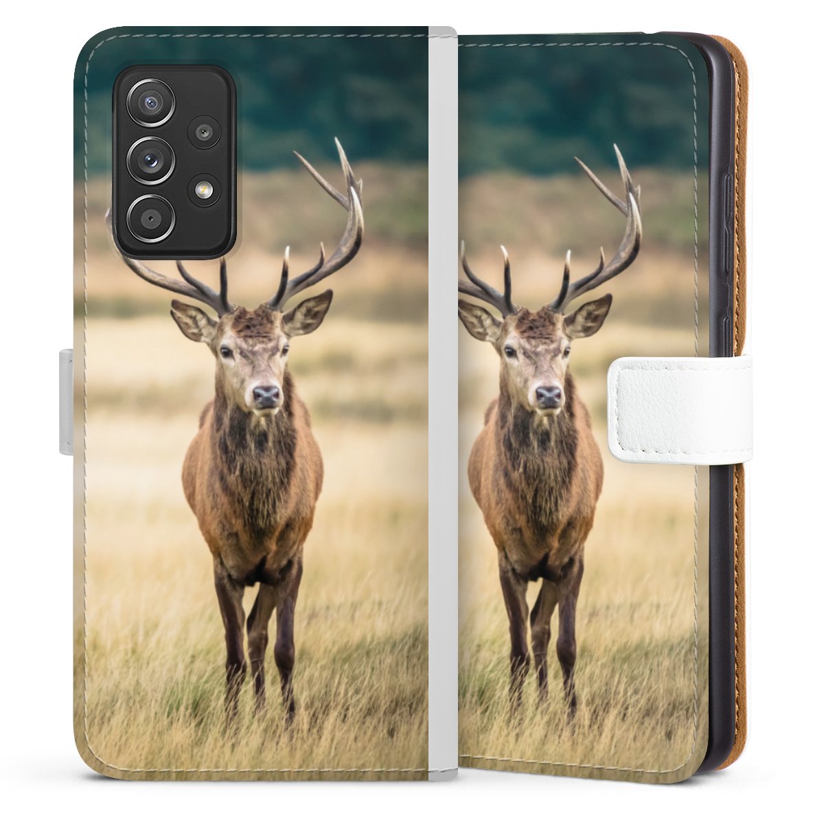 Galaxy A52 5G Handy Klapphülle Handyhülle aus Kunst Leder weiß Flip Case Deer Meadow Forrest Sideflip mit Lasche