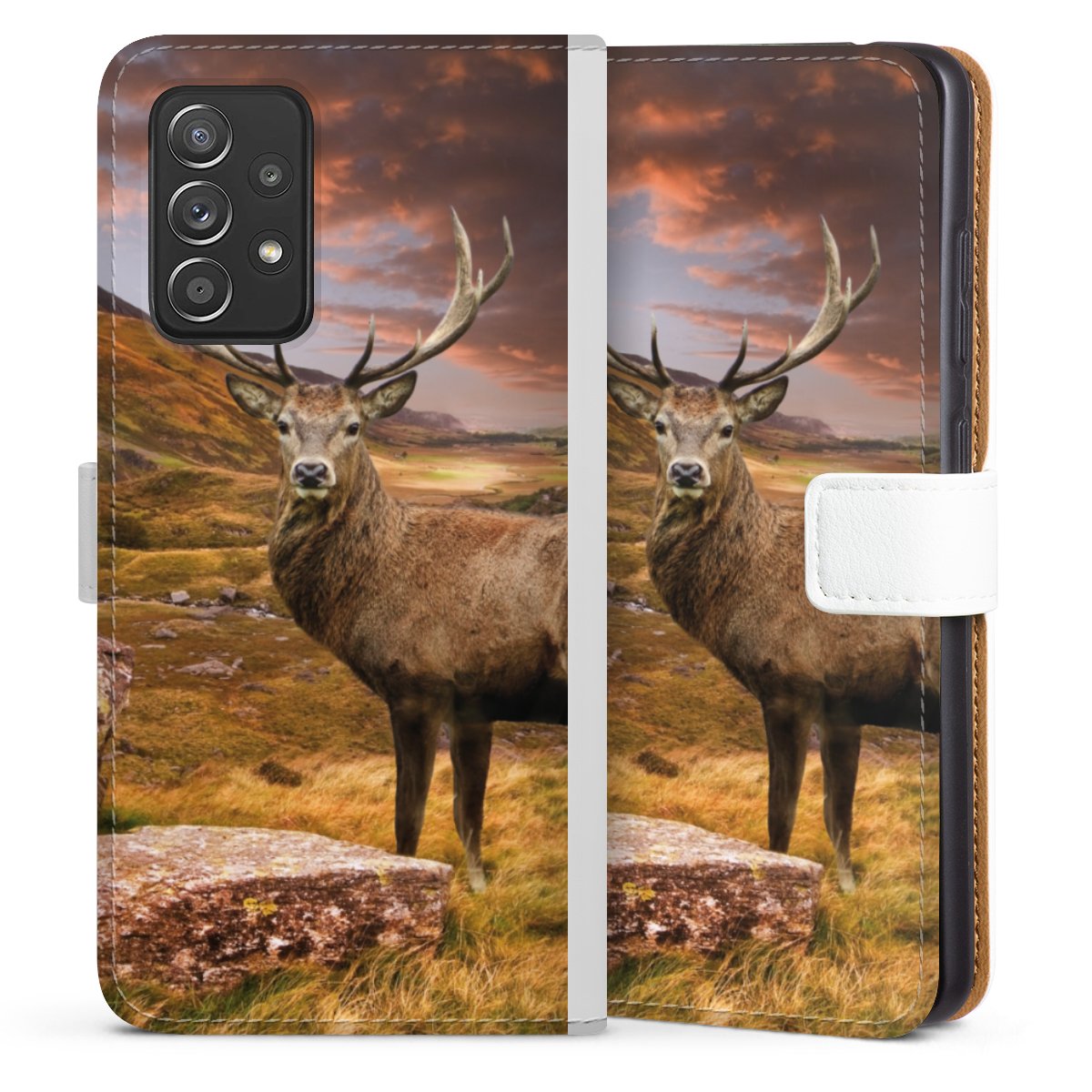 Galaxy A52 5G Handy Klapphülle Handyhülle aus Kunst Leder weiß Flip Case Meadow Mountain Deer Sideflip mit Lasche