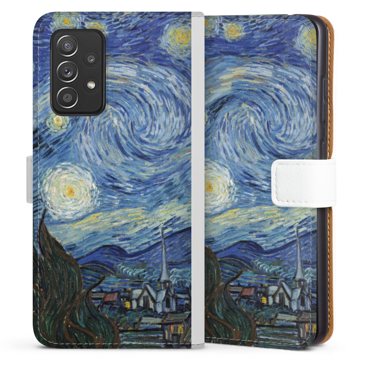 Galaxy A52 5G Handy Klapphülle Handyhülle aus Kunst Leder weiß Flip Case The Starry Night Kunst Vincent Van Gogh Sideflip mit Lasche