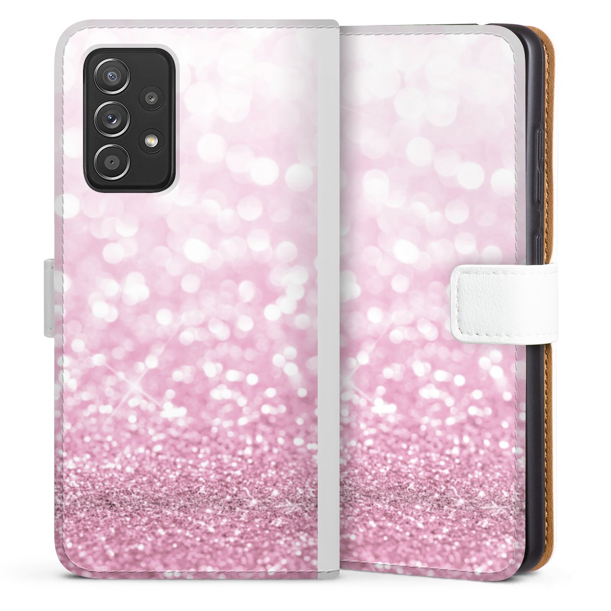 Galaxy A52 5G Handy Klapphülle Handyhülle aus Kunst Leder weiß Flip Case Glitzer Pink Shine Sideflip mit Lasche