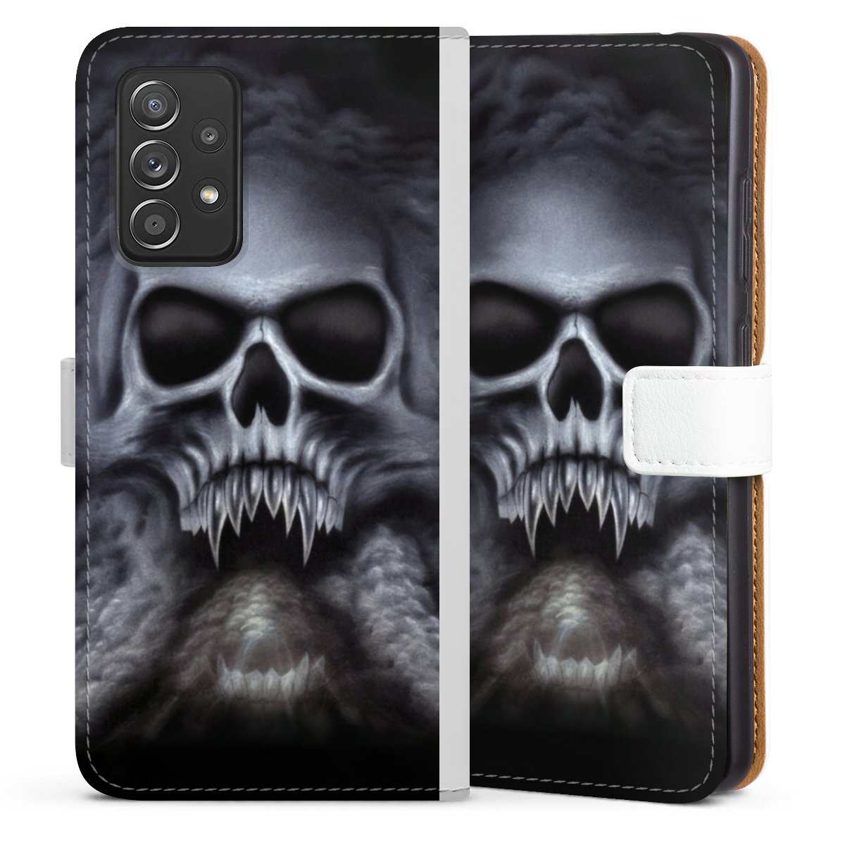 Galaxy A52 5G Handy Klapphülle Handyhülle aus Kunst Leder weiß Flip Case Totenkopf Skull Sideflip mit Lasche