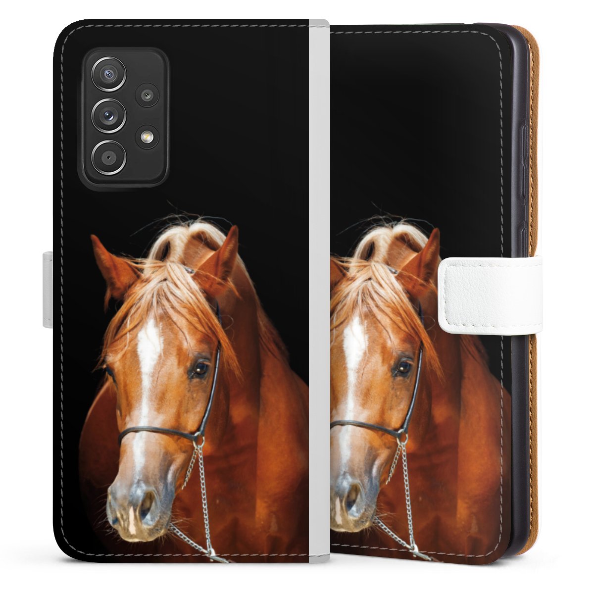 Galaxy A52 5G Handy Klapphülle Handyhülle aus Kunst Leder weiß Flip Case Mare Horse Hobby Sideflip mit Lasche