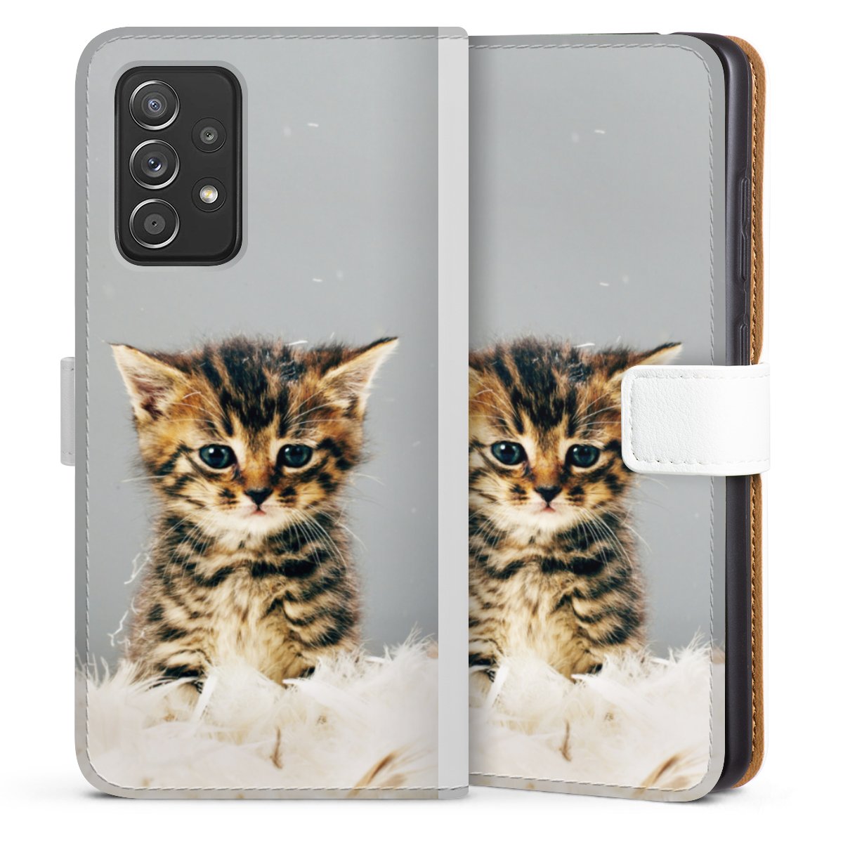 Galaxy A52 5G Handy Klapphülle Handyhülle aus Kunst Leder weiß Flip Case Cat Feather Pet Sideflip mit Lasche