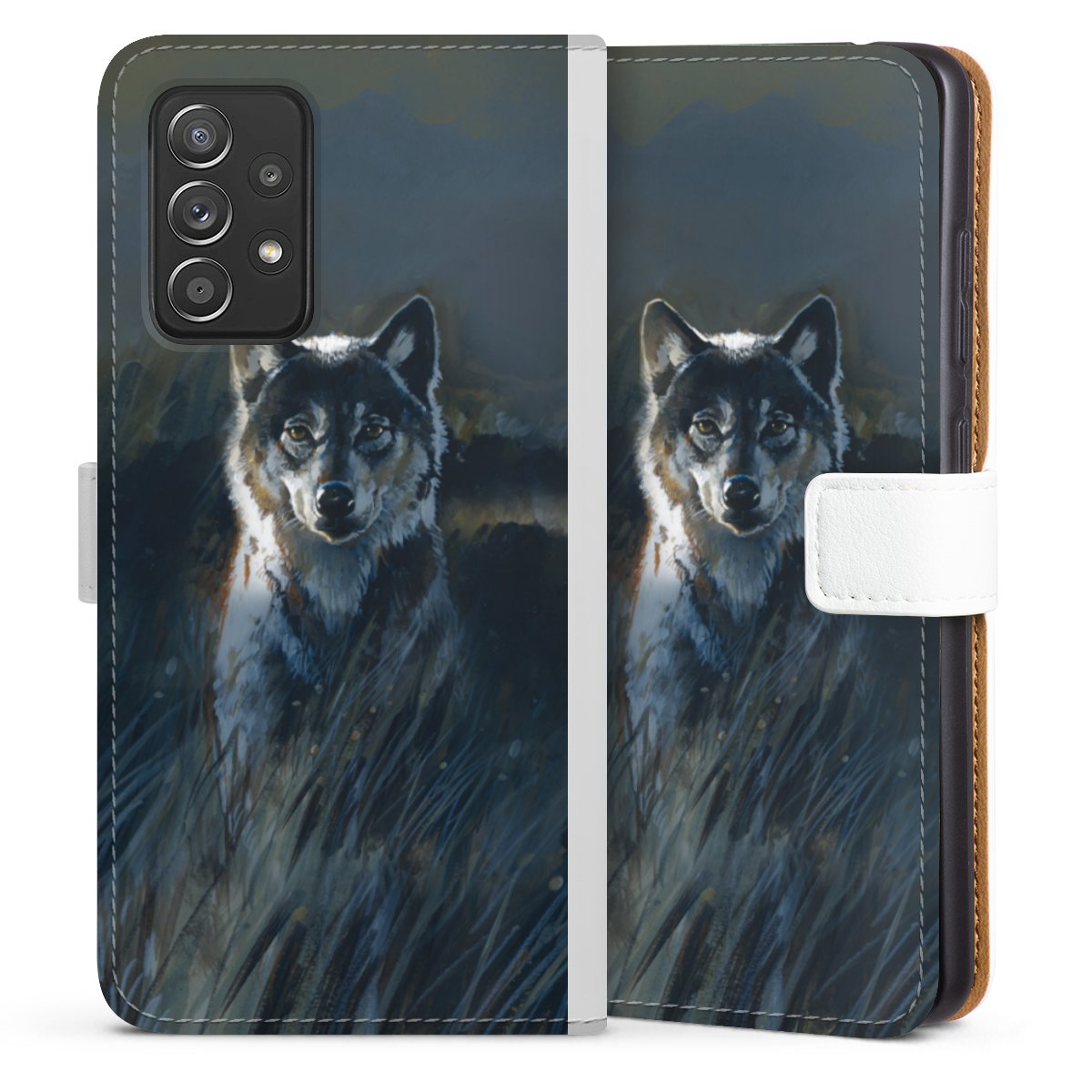 Galaxy A52 5G Handy Klapphülle Handyhülle aus Kunst Leder weiß Flip Case Nature Wolf Painting Sideflip mit Lasche