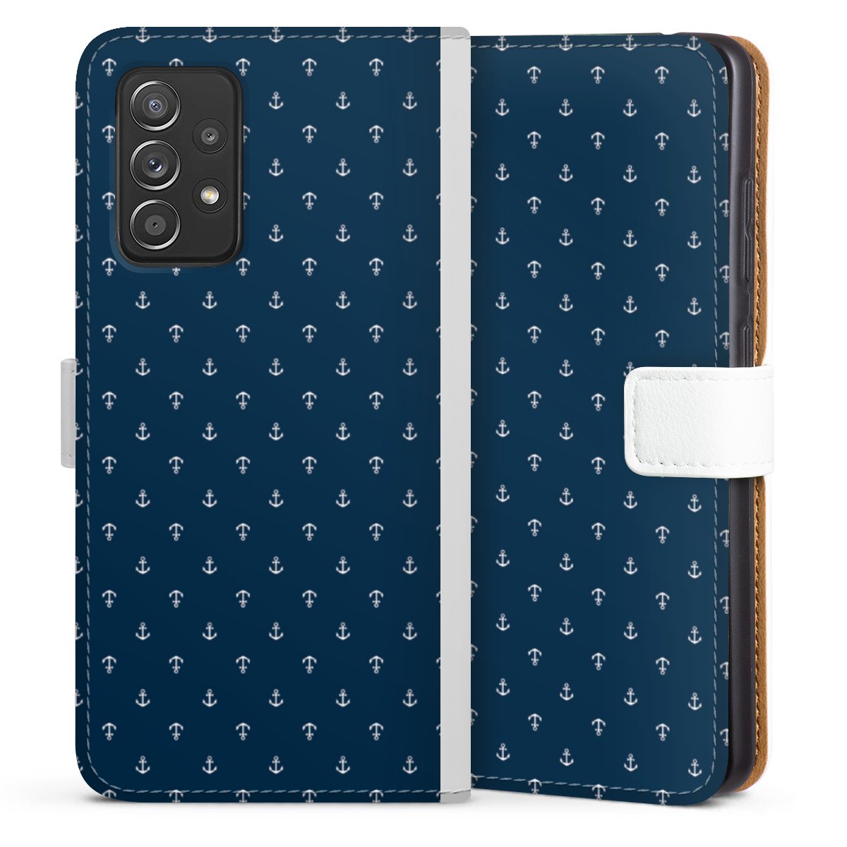 Galaxy A52 5G Handy Klapphülle Handyhülle aus Kunst Leder weiß Flip Case Muster Anchor Sail Sideflip mit Lasche