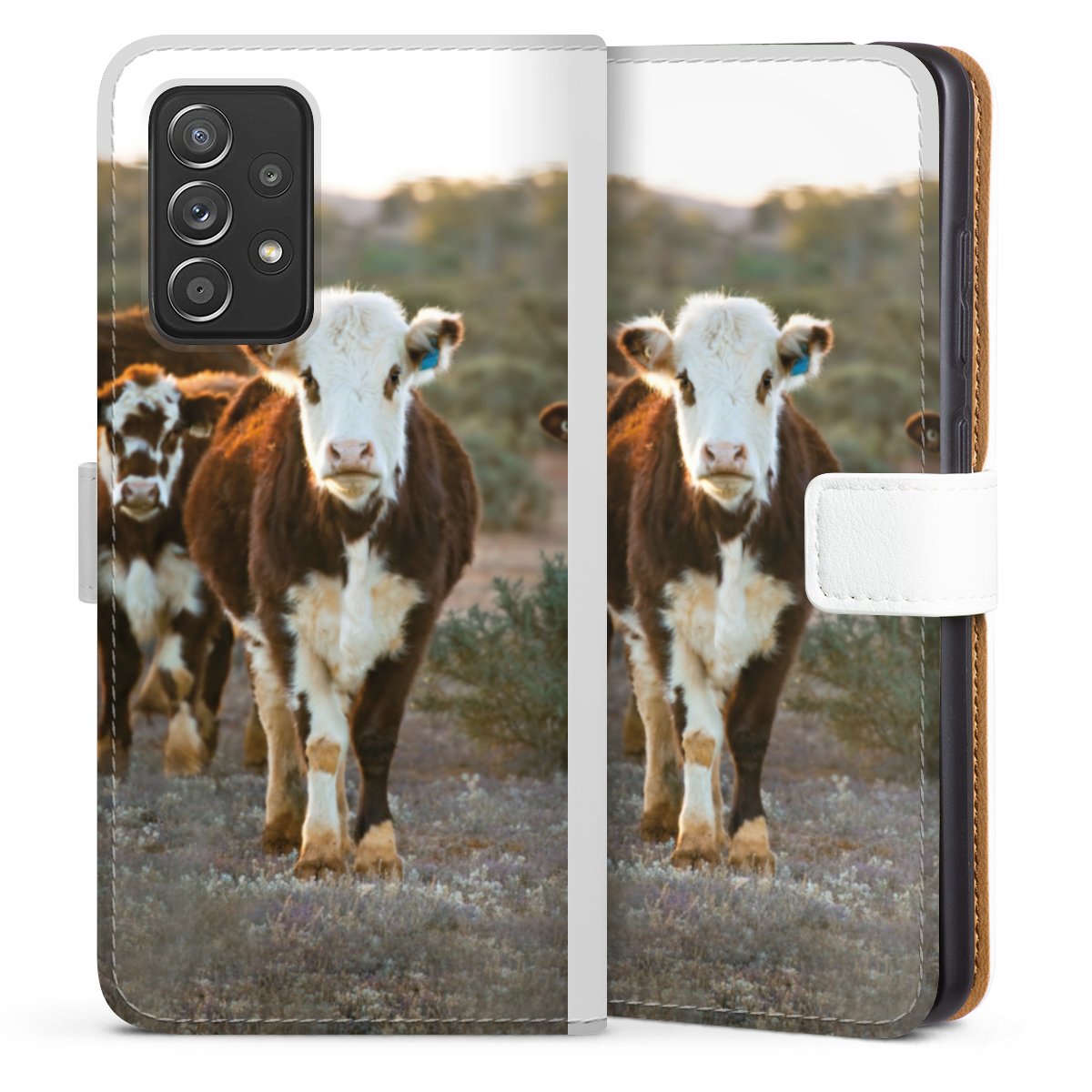 Galaxy A52 5G Handy Klapphülle Handyhülle aus Kunst Leder weiß Flip Case Cow Farmer Calf Sideflip mit Lasche