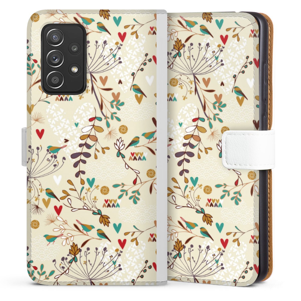 Galaxy A52 5G Handy Klapphülle Handyhülle aus Kunst Leder weiß Flip Case Bird Flowers Retro Sideflip mit Lasche