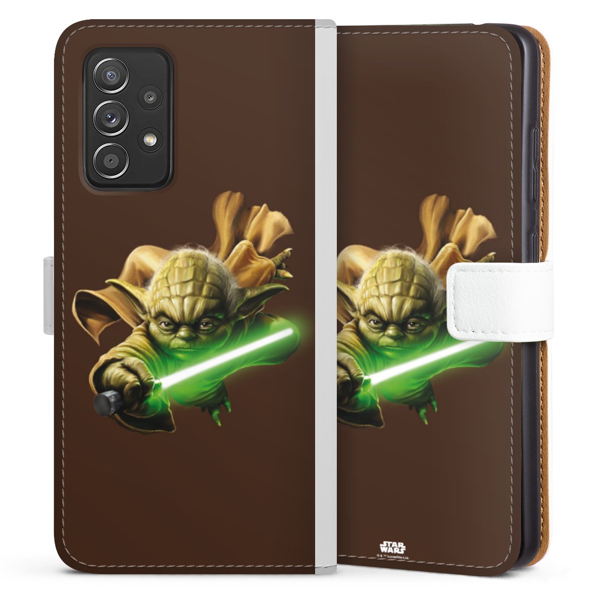 Galaxy A52 5G Handy Klapphülle Handyhülle aus Kunst Leder weiß Flip Case Yoda Merchandise Star Wars Sideflip mit Lasche