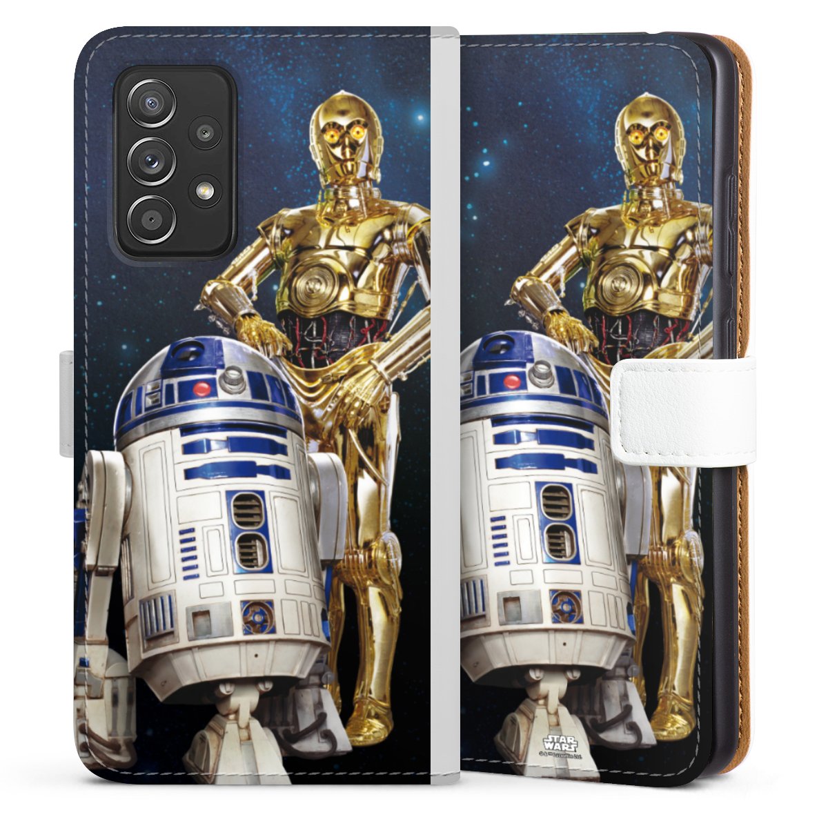 Galaxy A52 5G Handy Klapphülle Handyhülle aus Kunst Leder weiß Flip Case Weltall Star Wars R2d2 Sideflip mit Lasche