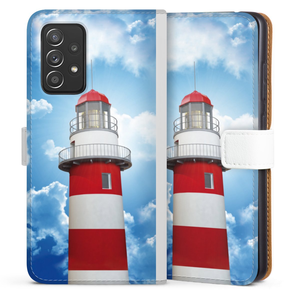 Galaxy A52 5G Handy Klapphülle Handyhülle aus Kunst Leder weiß Flip Case Lighthouse Sky Cloud Sideflip mit Lasche