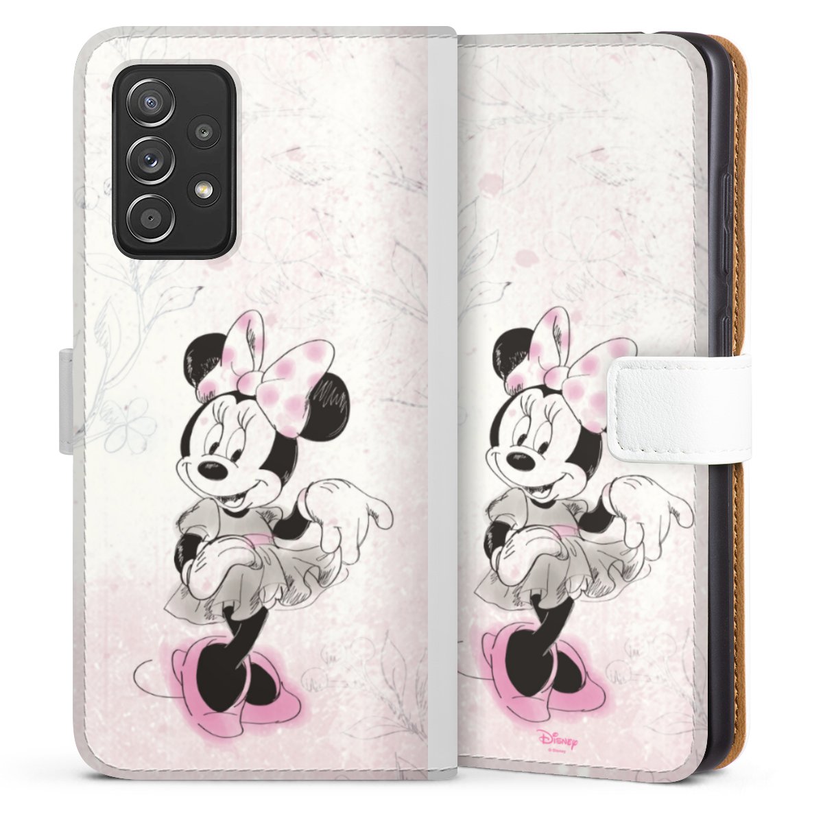 Galaxy A52 5G Handy Klapphülle Handyhülle aus Kunst Leder weiß Flip Case Disney Minnie Mouse Vintage Sideflip mit Lasche