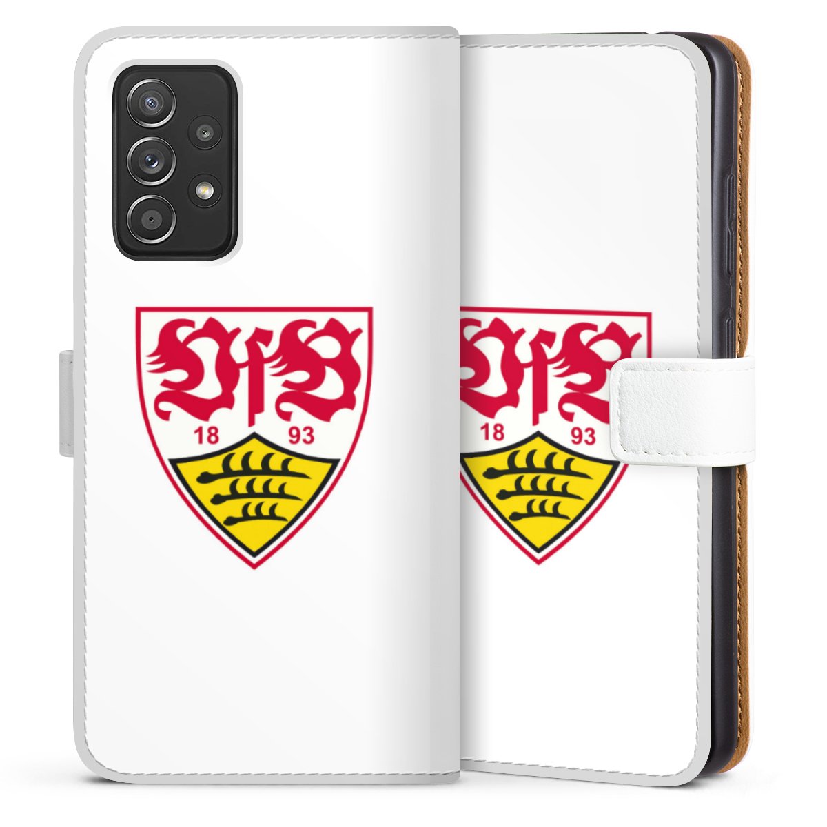 Galaxy A52 5G Handy Klapphülle Handyhülle aus Kunst Leder weiß Flip Case Logo Official Licensed Product Vfb Stuttgart Sideflip mit Lasche