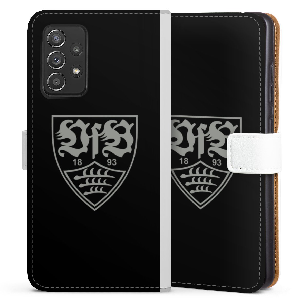 Galaxy A52 5G Handy Klapphülle Handyhülle aus Kunst Leder weiß Flip Case Official Licensed Product Vfb Stuttgart Sideflip mit Lasche