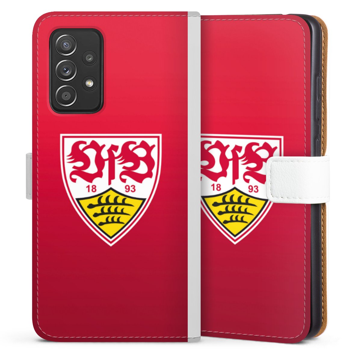 Galaxy A52 5G Handy Klapphülle Handyhülle aus Kunst Leder weiß Flip Case Official Licensed Product Vfb Stuttgart Sideflip mit Lasche