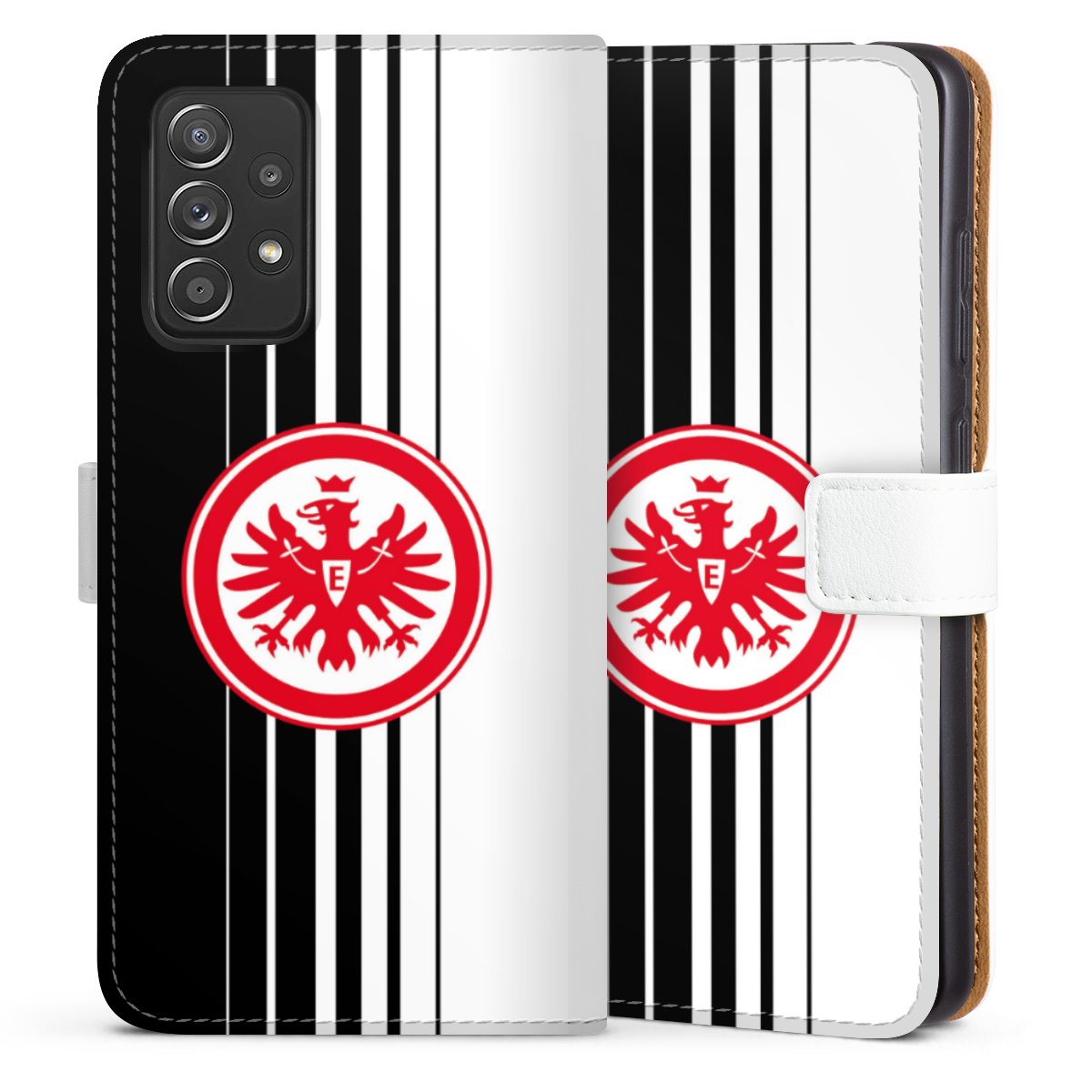 Galaxy A52s 5G Handy Klapphülle Handyhülle aus Kunst Leder weiß Flip Case Stripes Eintracht Frankfurt Official Licensed Product Sideflip mit Lasche