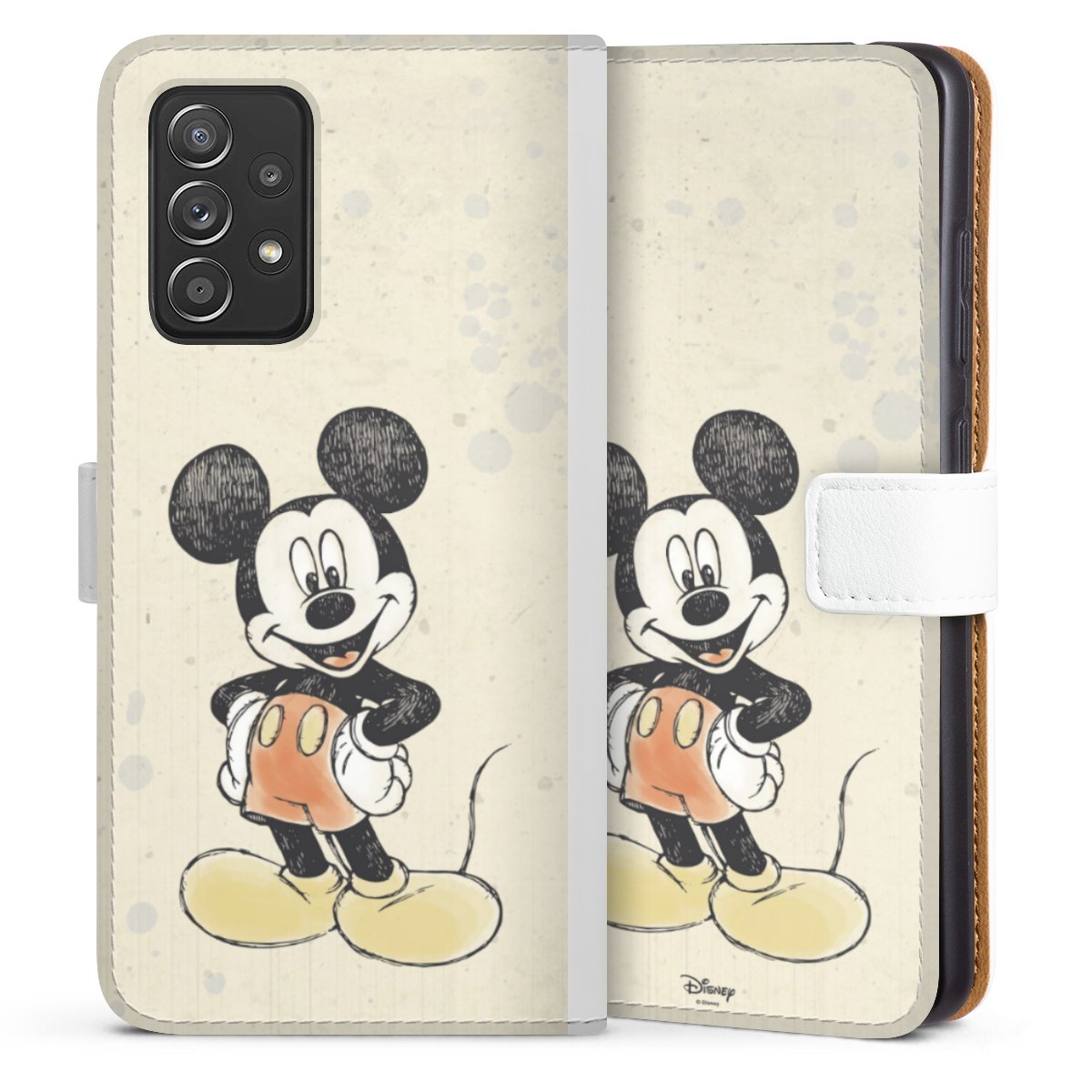 Galaxy A52 5G Handy Klapphülle Handyhülle aus Kunst Leder weiß Flip Case Water Colour Mickey & Minnie Mouse Official Licensed Product Sideflip mit Lasche