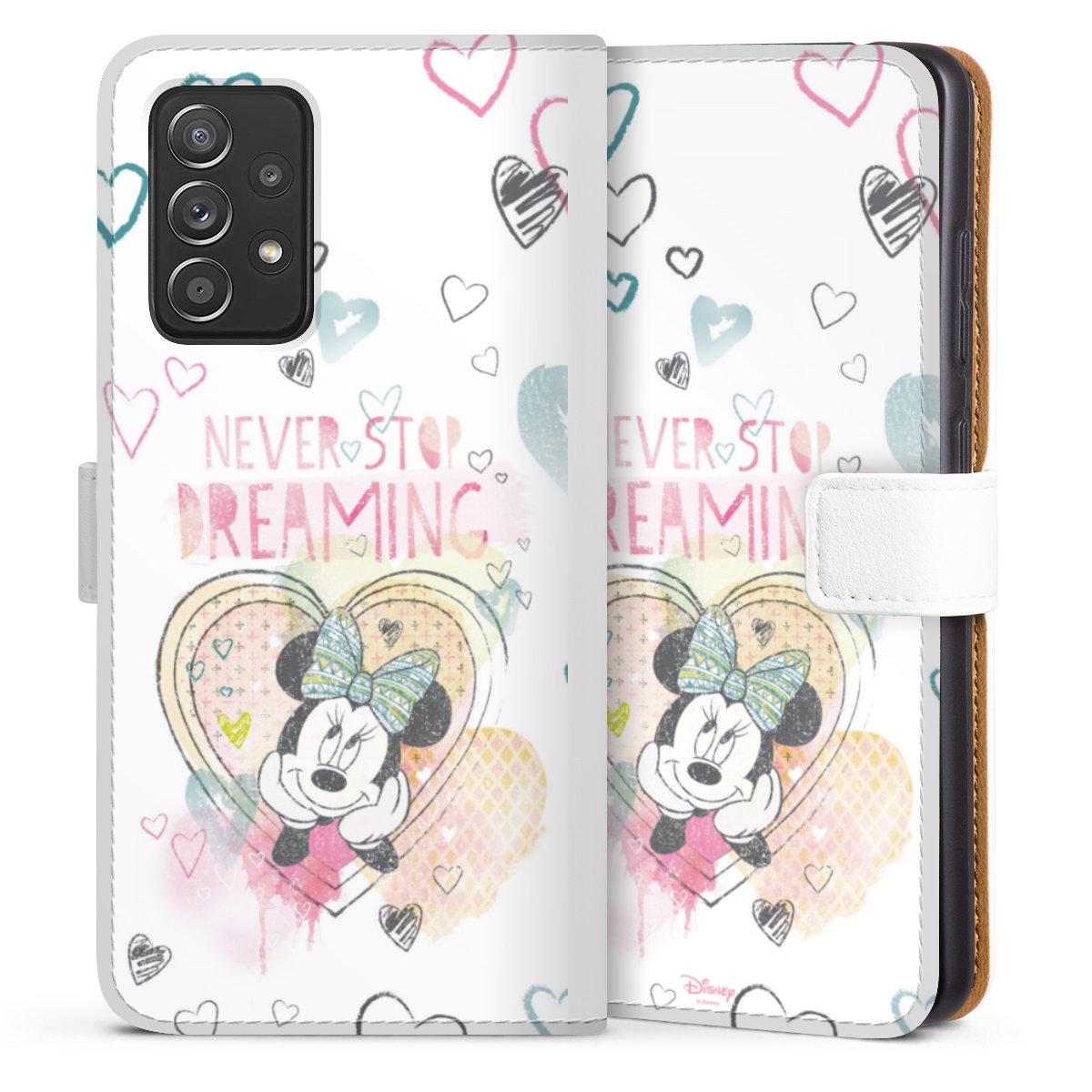 Galaxy A52 5G Handy Klapphülle Handyhülle aus Kunst Leder weiß Flip Case Disney Official Licensed Product Minnie Mouse Sideflip mit Lasche