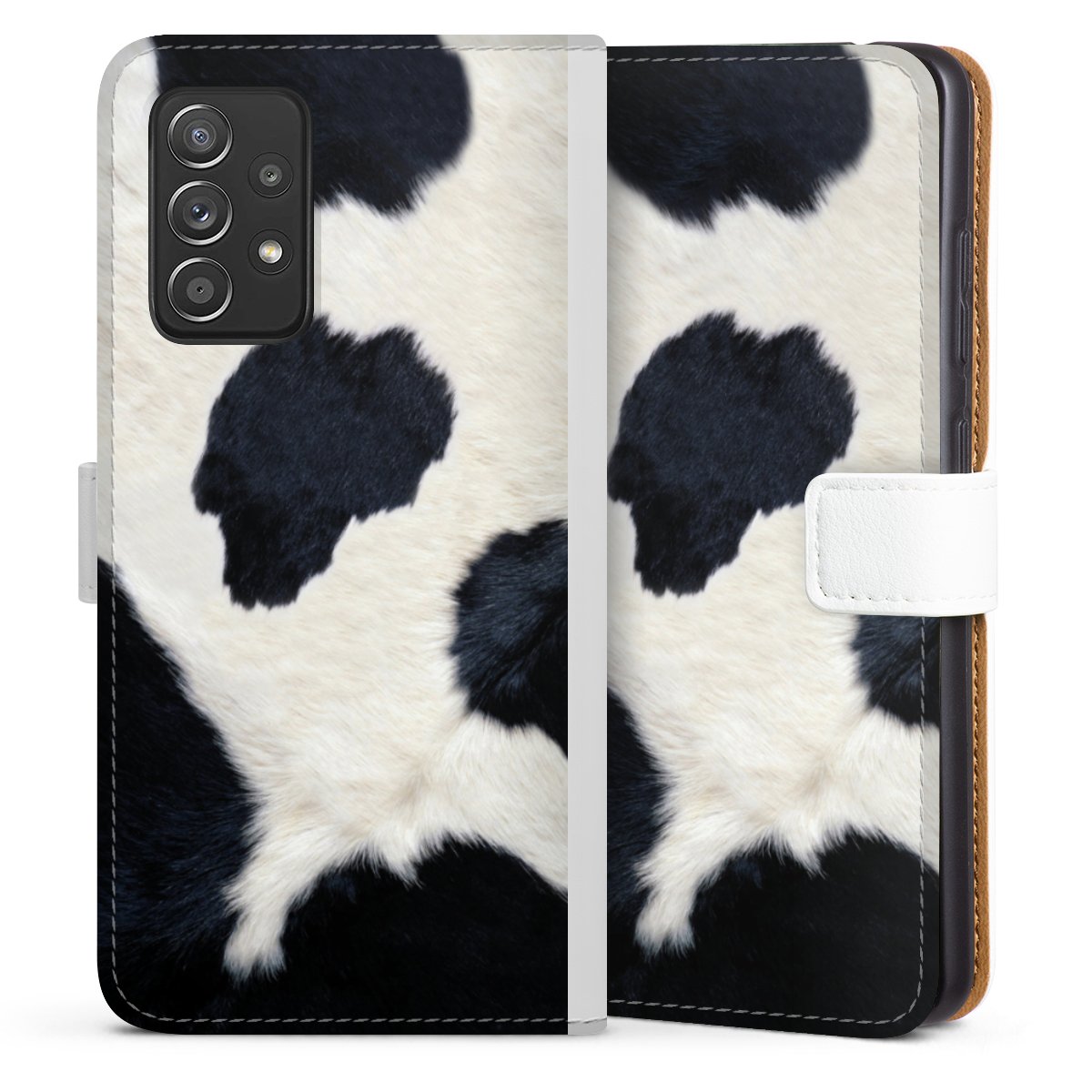 Galaxy A52 5G Handy Klapphülle Handyhülle aus Kunst Leder weiß Flip Case Animal Look Animal Print Cow Skin Sideflip mit Lasche