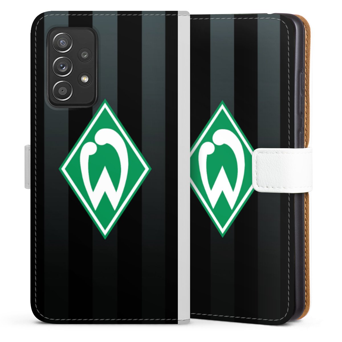 Galaxy A52 5G Handy Klapphülle Handyhülle aus Kunst Leder weiß Flip Case Stripes Sv Werder Bremen Official Licensed Product Sideflip mit Lasche