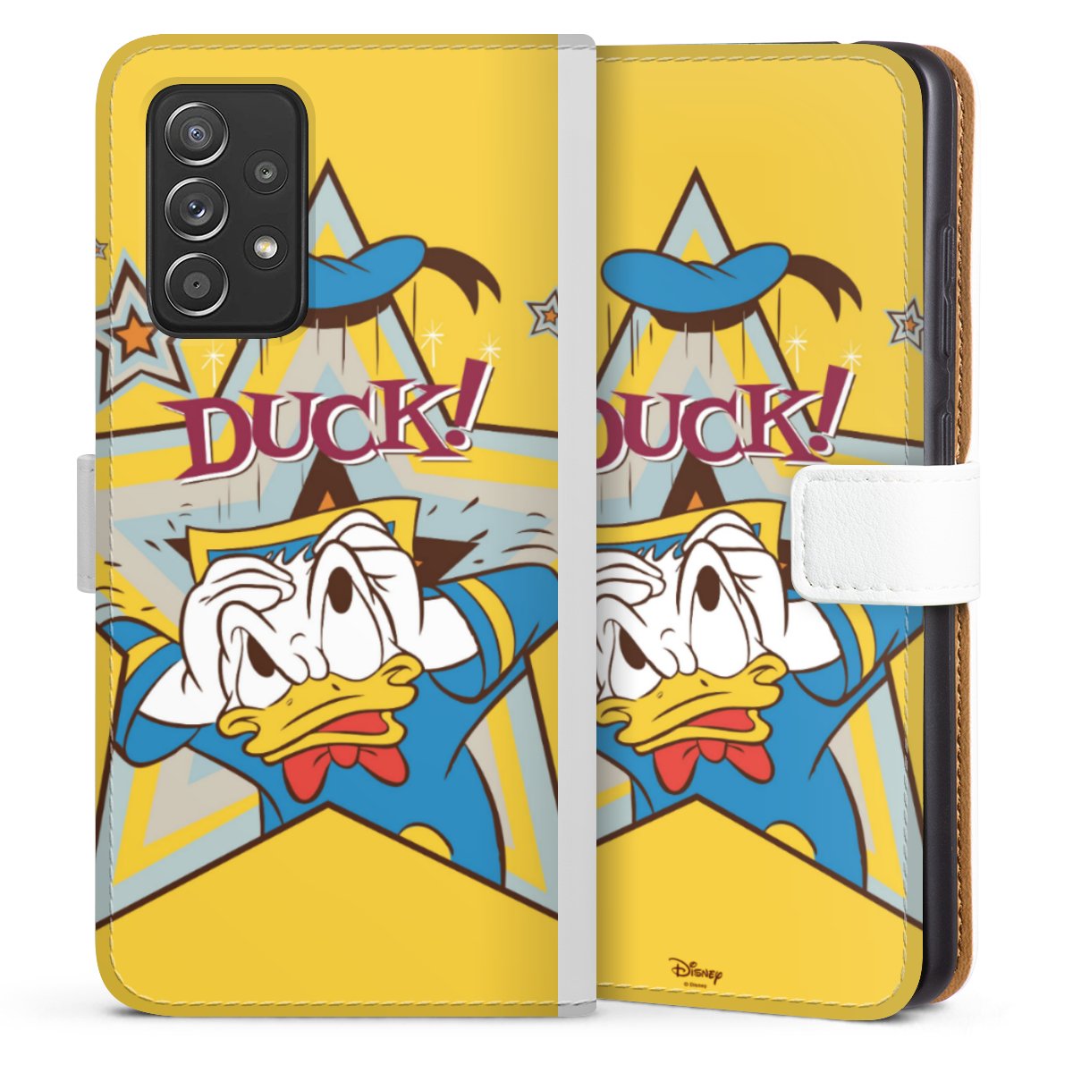 Galaxy A52 5G Handy Klapphülle Handyhülle aus Kunst Leder weiß Flip Case Official Licensed Product Donald Duck Disney Sideflip mit Lasche