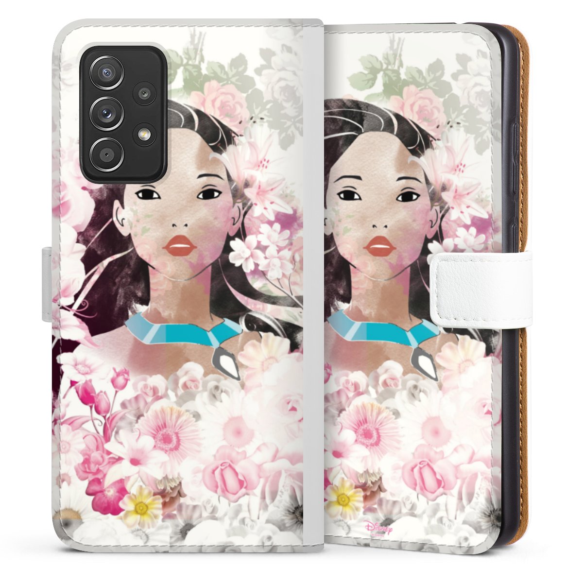 Galaxy A52 5G Handy Klapphülle Handyhülle aus Kunst Leder weiß Flip Case Pocahontas Official Licensed Product Disney Sideflip mit Lasche