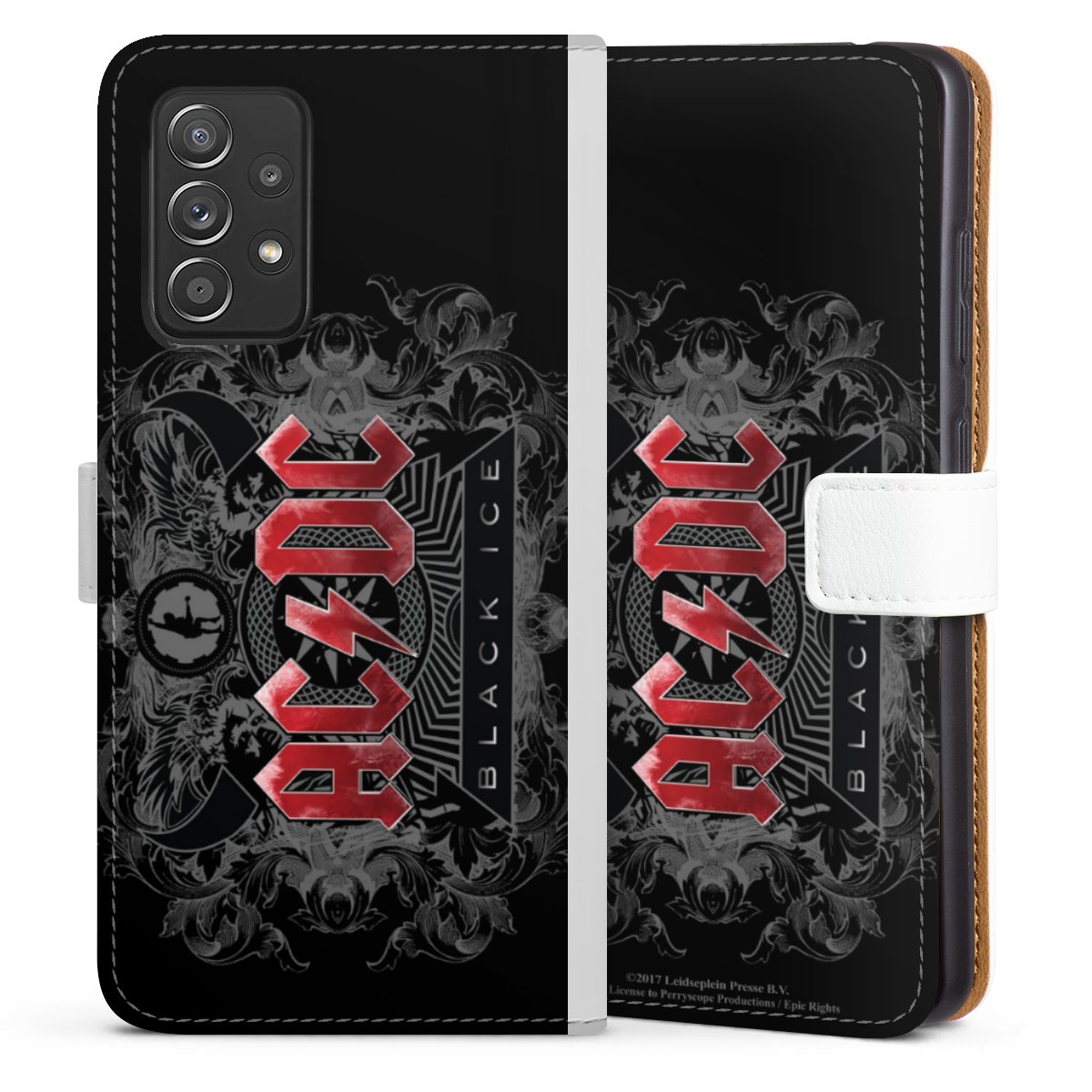 Galaxy A52 5G Handy Klapphülle Handyhülle aus Kunst Leder weiß Flip Case Merchandise Black Ice Acdc Sideflip mit Lasche