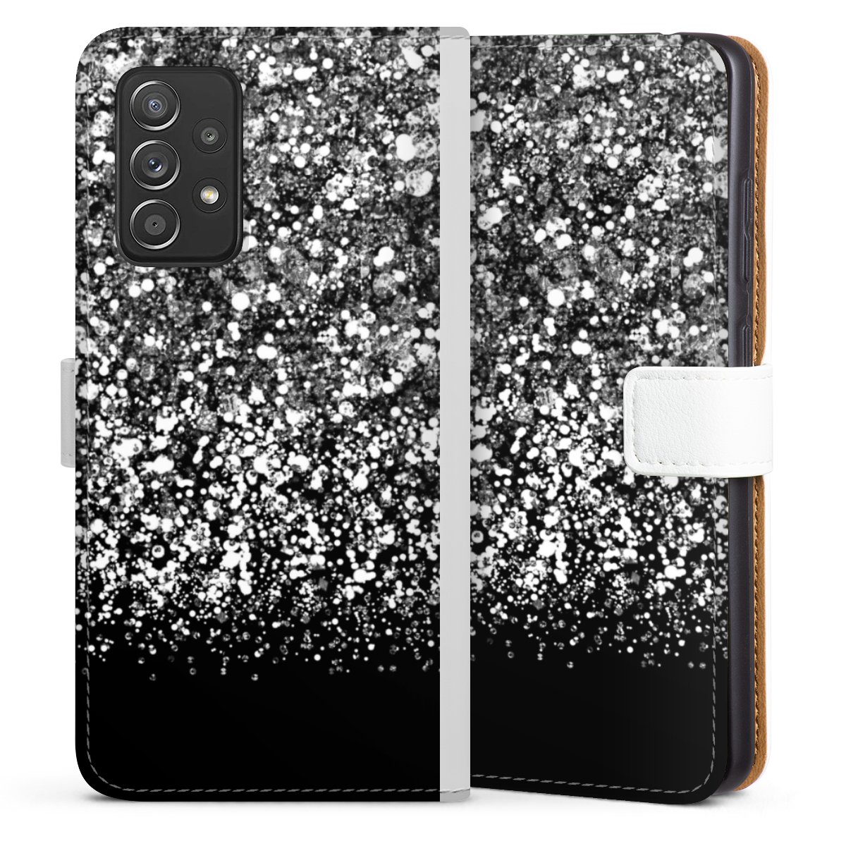 Galaxy A52 5G Handy Klapphülle Handyhülle aus Kunst Leder weiß Flip Case Glitzer Snowflake Muster Sideflip mit Lasche