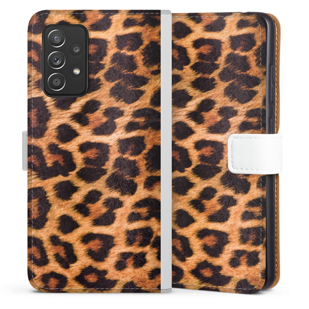 Galaxy A52 5G Handy Klapphülle Handyhülle aus Kunst Leder weiß Flip Case Animal Print Leopard Fur Sideflip mit Lasche