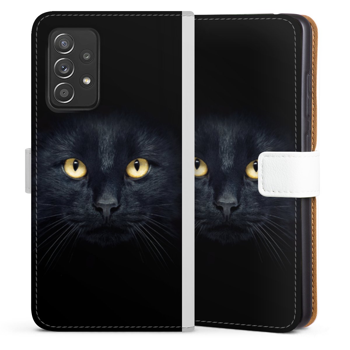 Galaxy A52 5G Handy Klapphülle Handyhülle aus Kunst Leder weiß Flip Case Eye Cat Black Sideflip mit Lasche