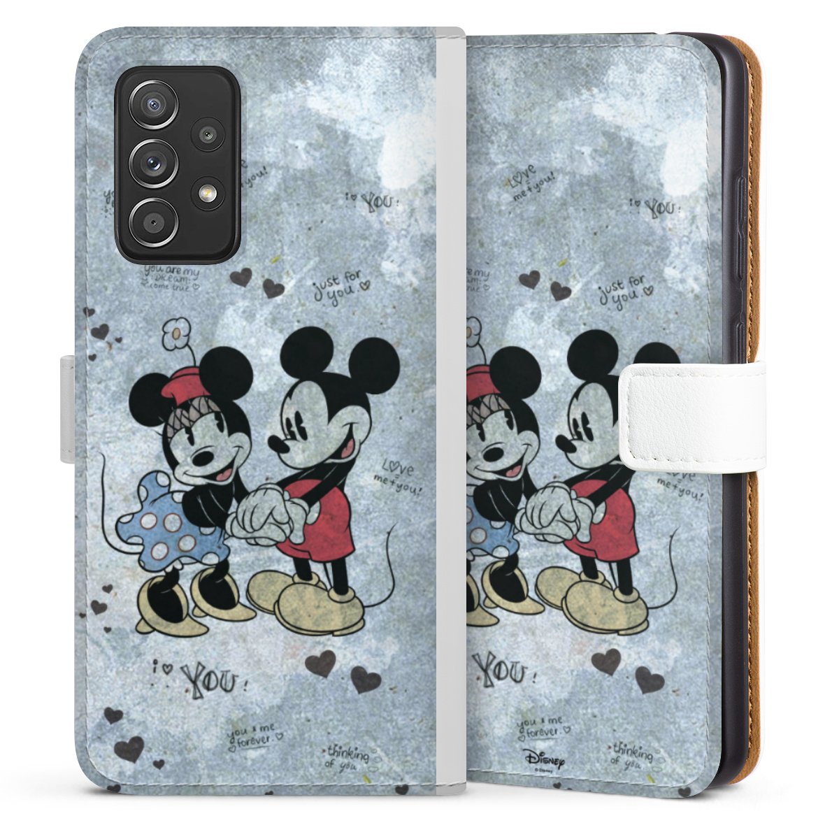 Galaxy A52 5G Handy Klapphülle Handyhülle aus Kunst Leder weiß Flip Case Mickey & Minnie Mouse Vintage Disney Sideflip mit Lasche